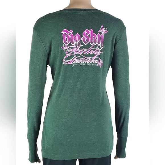 Harley Davidson Green & Pink & Big Sky Long Sleeve T-Shirt - Picture 2 of 4